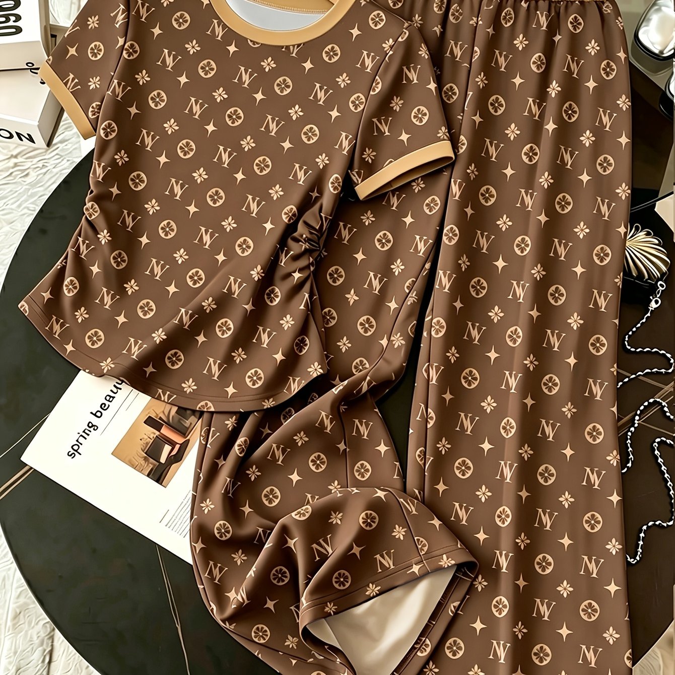 TEMU Dames Ronde Hals Bedrukte Top met Korte Mouwen en Broek Set, Top met Tailleband en Wijde Pijpen 2-delige Set, Digitale Print Design, Modieuze