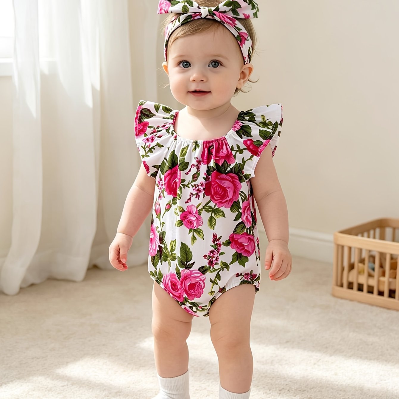 Image of 2pcs Set: Girls' Sleeveless Bodysuit With Headband, Summer Pure Fitted Round Neck Sweet , Rose Print, Birthday Party Photo Shoot, Holiday Gift, Pullover Romper, Crawling Suit, Perfect For Outdoor