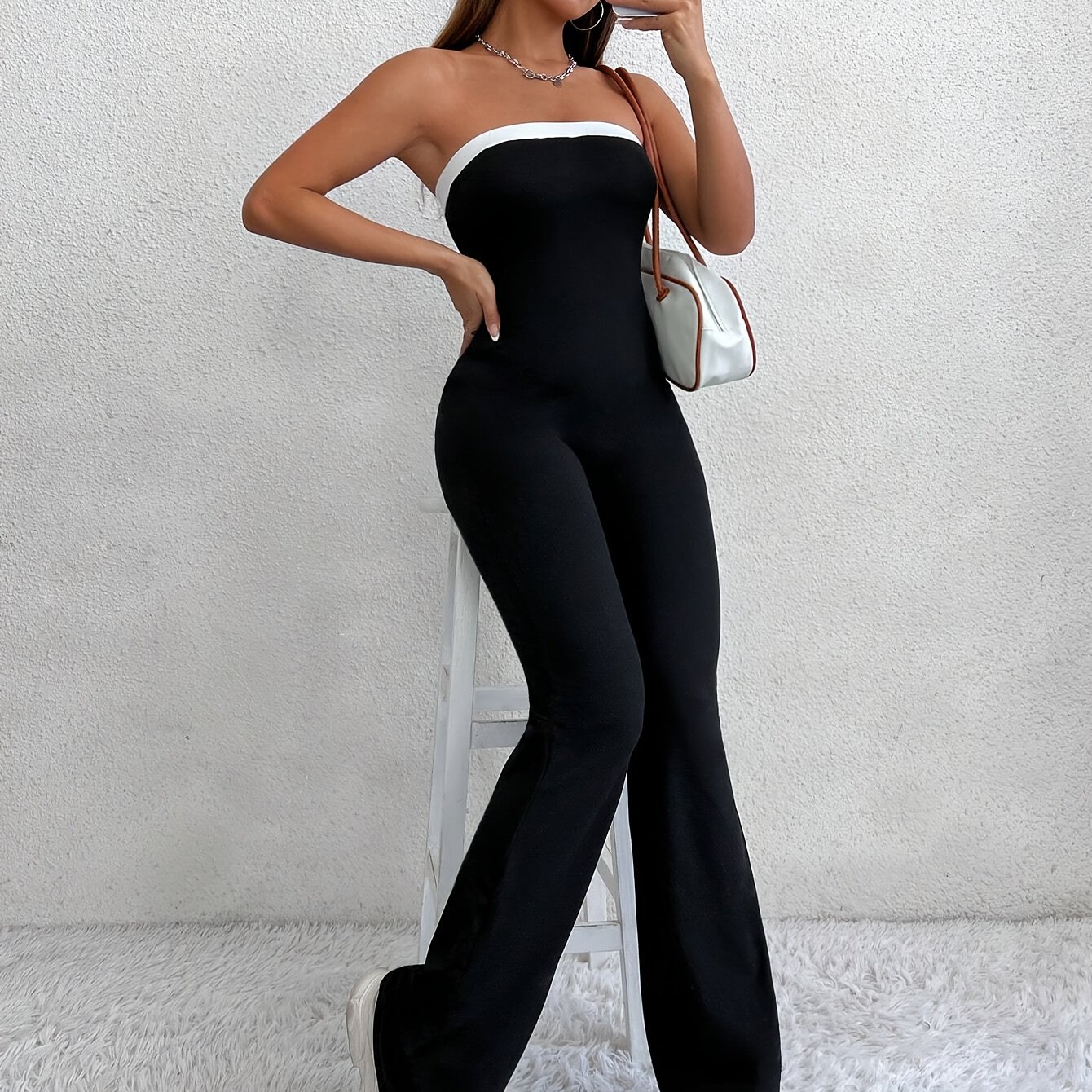 Sexy Black And -block Strapless Jumpsuit