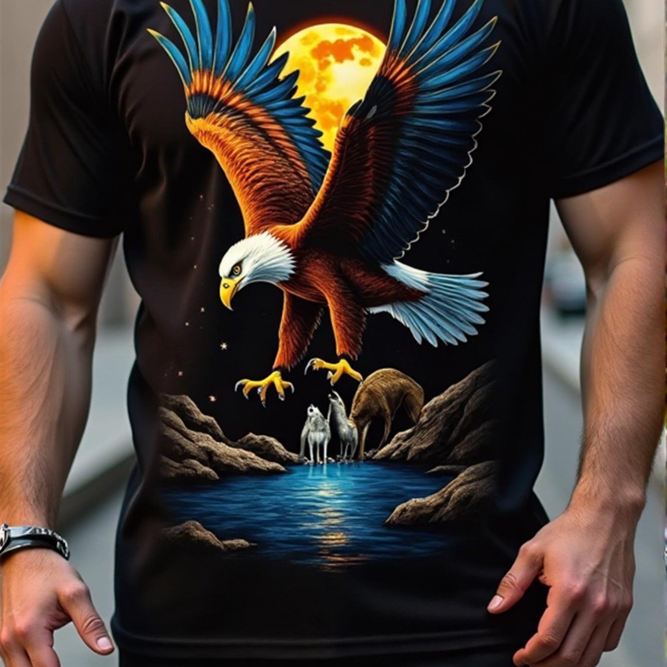 Image of Men's Slim Fit With Eagle & Wolves Fantasy Graphic - Breathable Short Sleeve Tee Suitable For Outdoor, Gym, Hiking - Durable Casual Wear With Wolf & Eagle Print, (machine Washable)