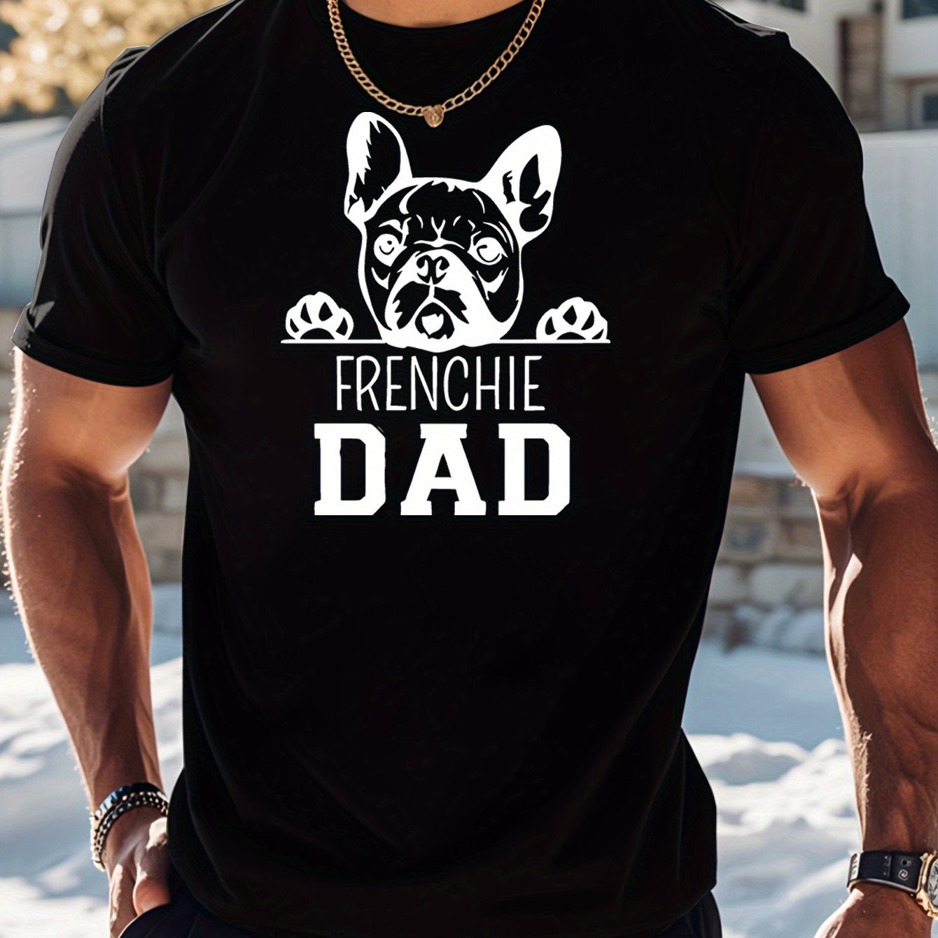 Image of Men's French Bulldog Dad Graphic T-shirt - Black Casual Short Sleeve Crewneck With "frenchie Dad" Print, Soft, Perfect For Summer & Spring, Everyday Tshirt | Print Tee | Nontransparent Material