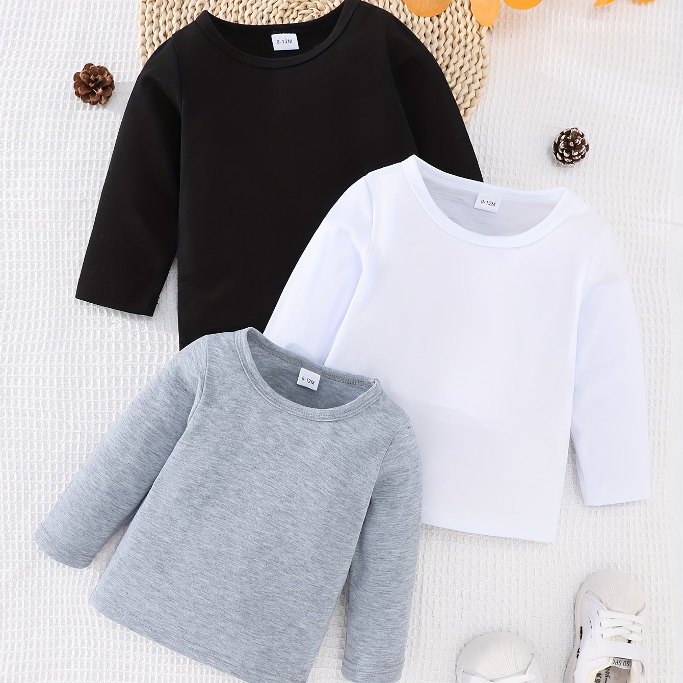 Baby Girls' Fall Solid Comfortable T-shirt 3pcs Set, Baby Boys' Spring Autumn Base Layer Outfit