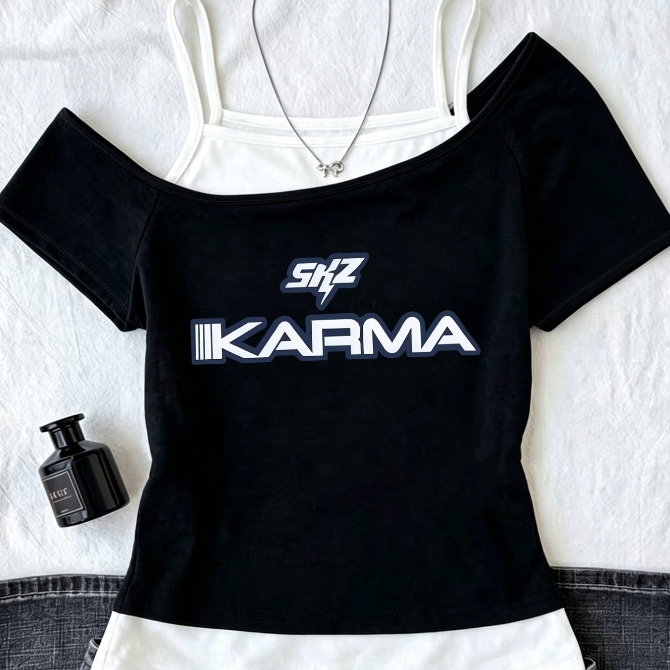 TEMU Fake Twopiece Offshoulder Tshirt, For Karma, Streetwear Print Printed Top, Y2k Springsummer Women's Fashion Fake Twopiece Offshoulder Tshirt,