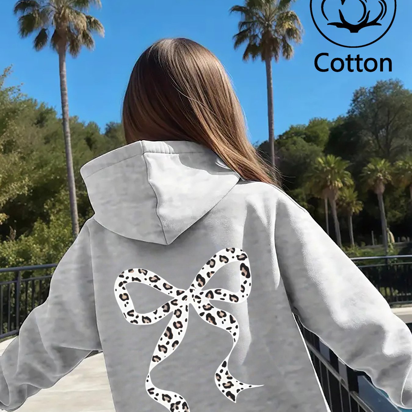 Image of 's & Teen ' Oversized Hooded Sweatshirt - Leopard Print With Bow Accent, Soft Breathable Fabric, Loose Fit Long Sleeve Pullover For Winter, Spring & Fall | Streetwear, School, | Plus Size Friendly