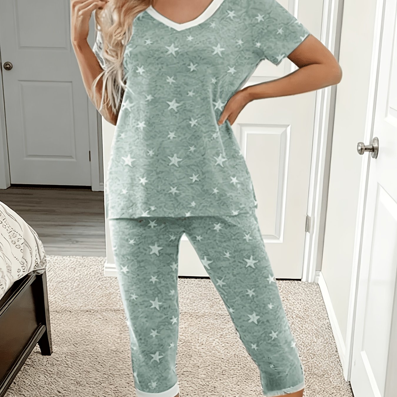 TEMU Two-piece Set Of V-neck Star Printed Pajamas, Made Of Soft And Comfortable Fabric, Featuring A Color- Design, Presenting An Style. This Women's