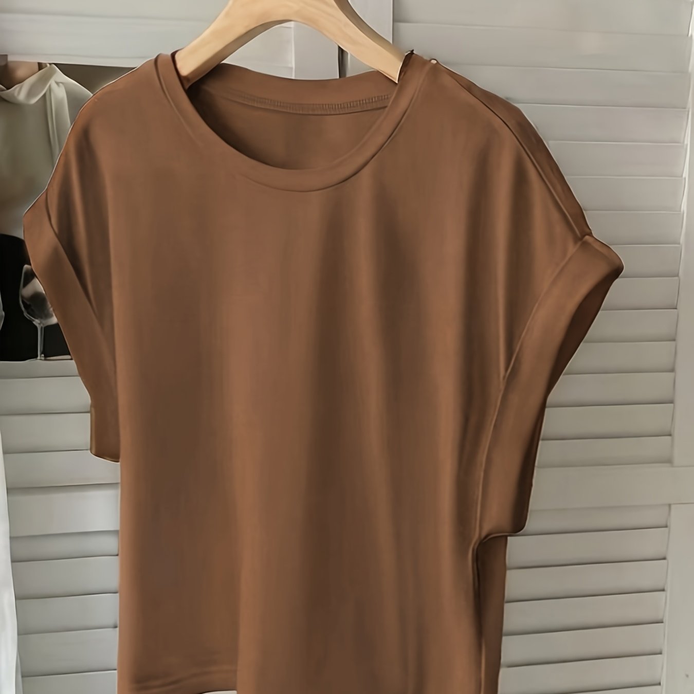 TEMU Haut d'été uni polyvalent pour femme, décontracté, sportif, coupe ample, à col rond et manches retroussables