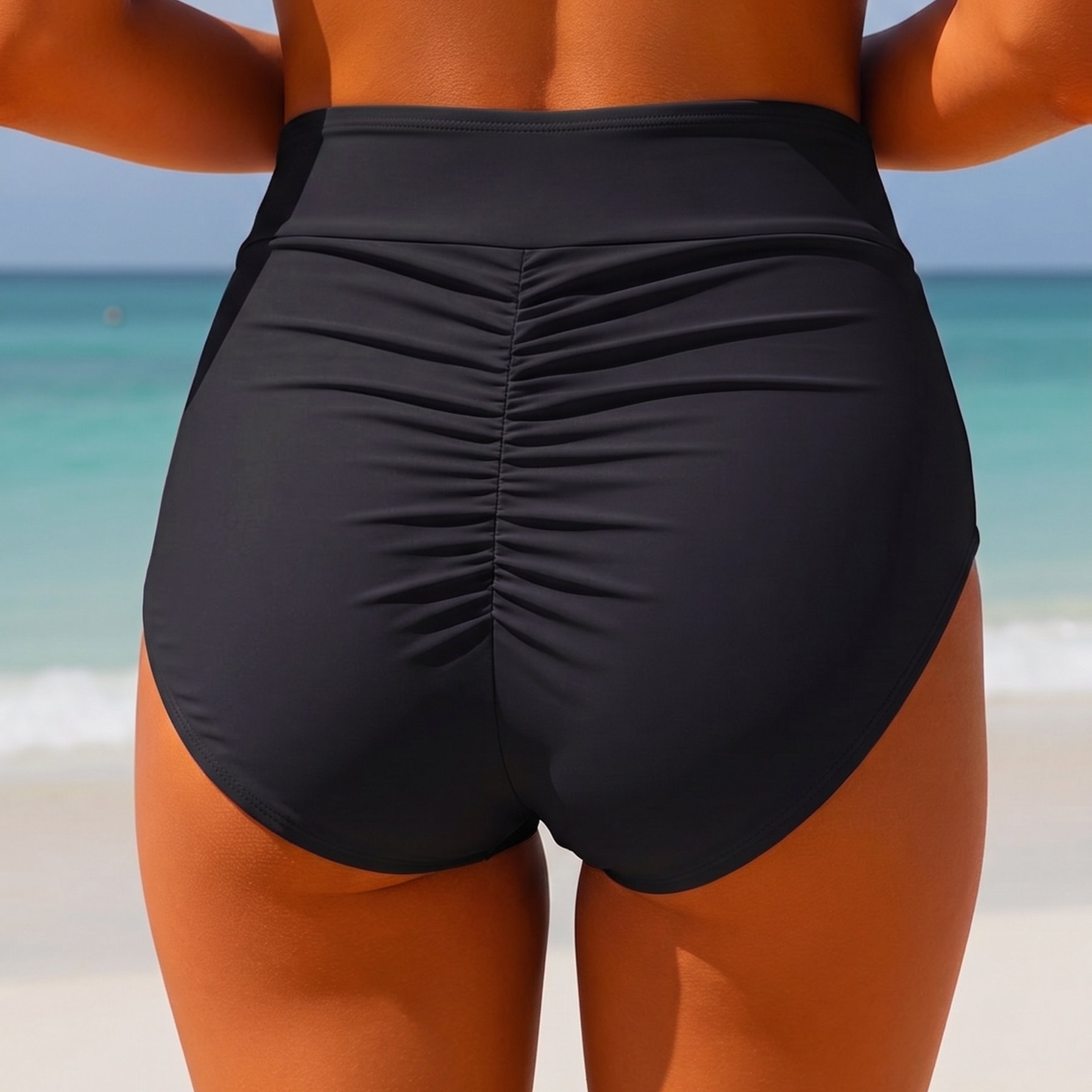 Solid Color High-waist Women's Swim Pants Tummy 's Shorts Peach Back Pleated Bottom Elegant Style
