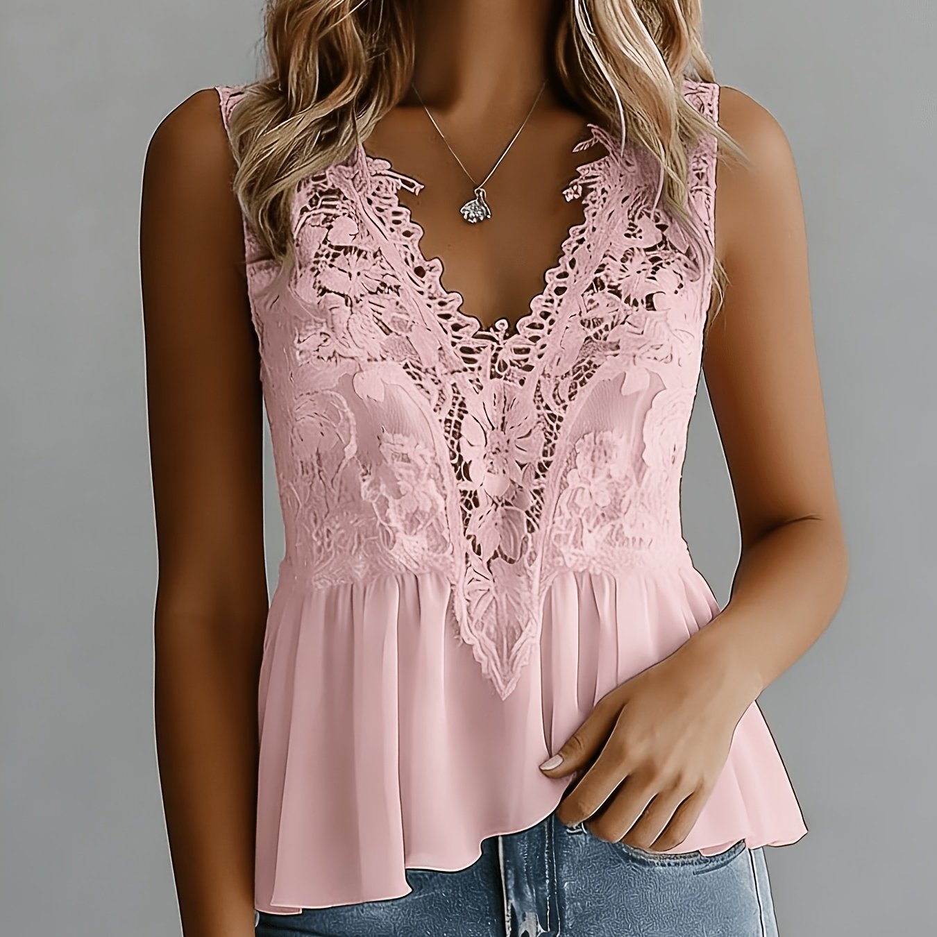 Women's Sleeveless V-neck Blouse With Lace Trim And Floral Print, Perfect For Spring And Summer.