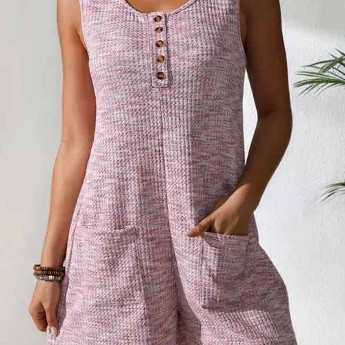 new summer casual womens jumpsuit colorful waffle fashion sleeveless vest pocket button shorts