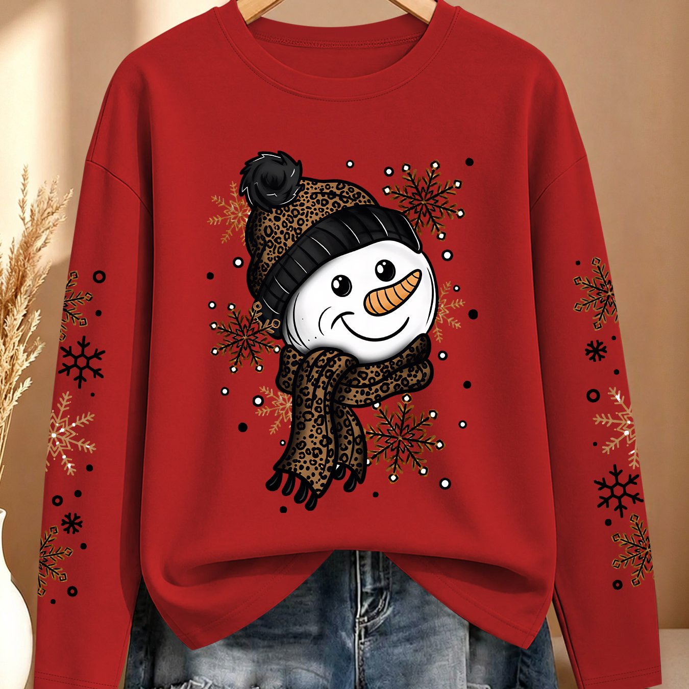 TEMU [christmas] Women's Autumn Clothing, Leopard Print Snowman Snowflake Multi-sleeve Printed T-shirt, Athletic Casual Lightweight Comfortable Soft