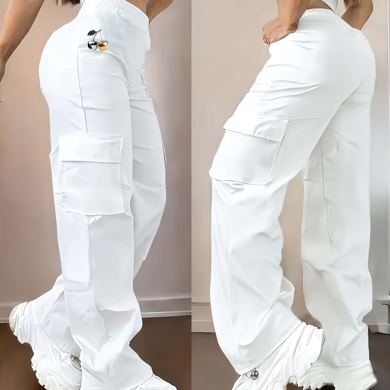 TEMU Pantalon Long Décontracté pour Femme, Imprimé Créatif à Motif de Cerises, Pantalon Cargo - D355-WHY2066