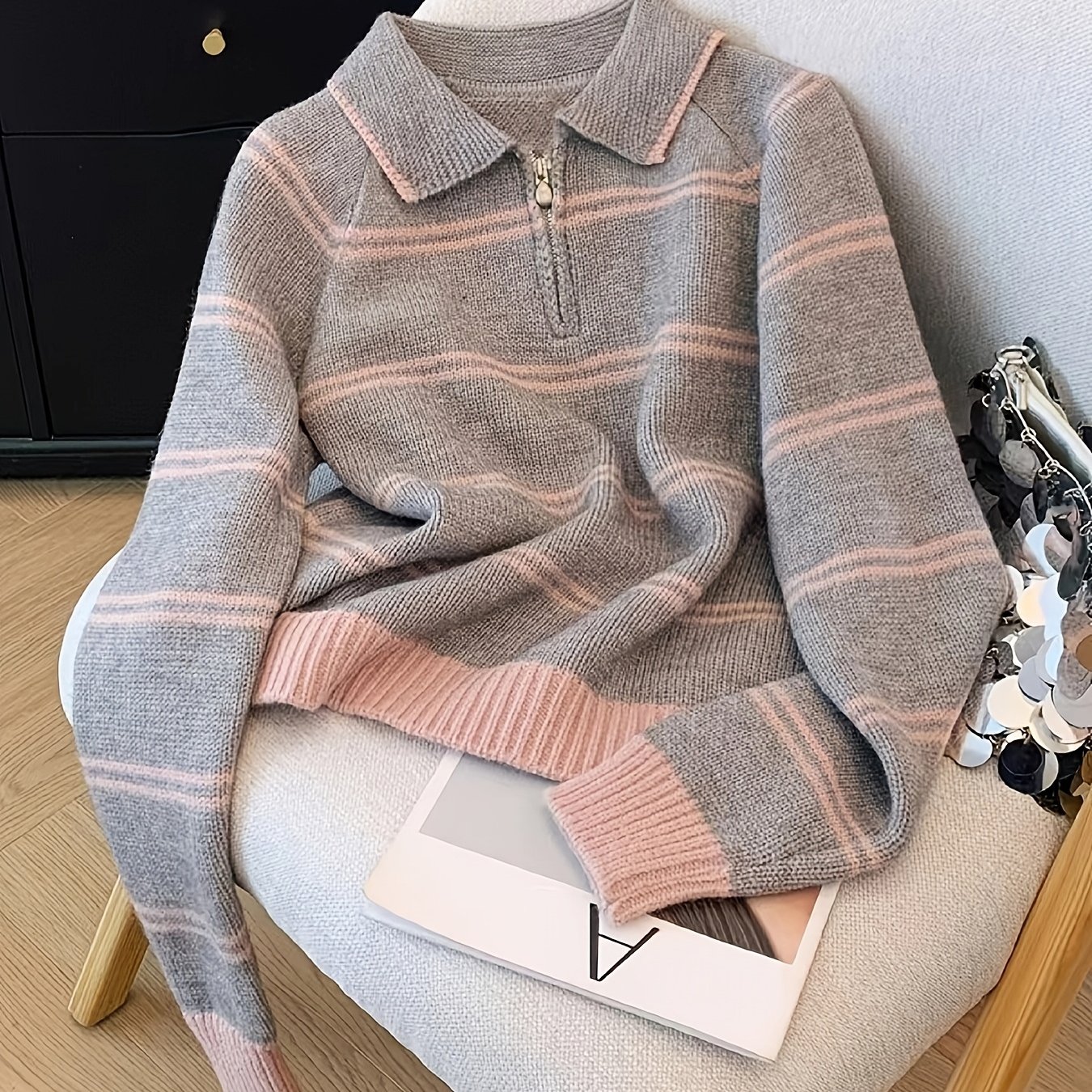 TEMU Lazy Style Half-zipper Striped Sweater