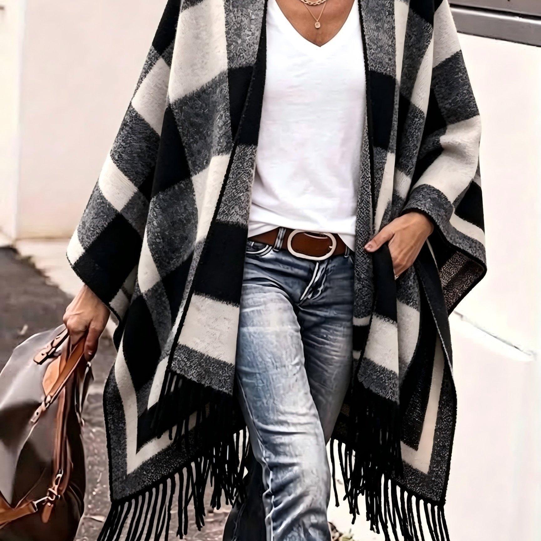 TEMU Plus Size, Autumn And Winter High-end Plus Size New Style, Black And White Checkered Printed Thick Warm Tassel Versatile Cloak, With Long Skirts