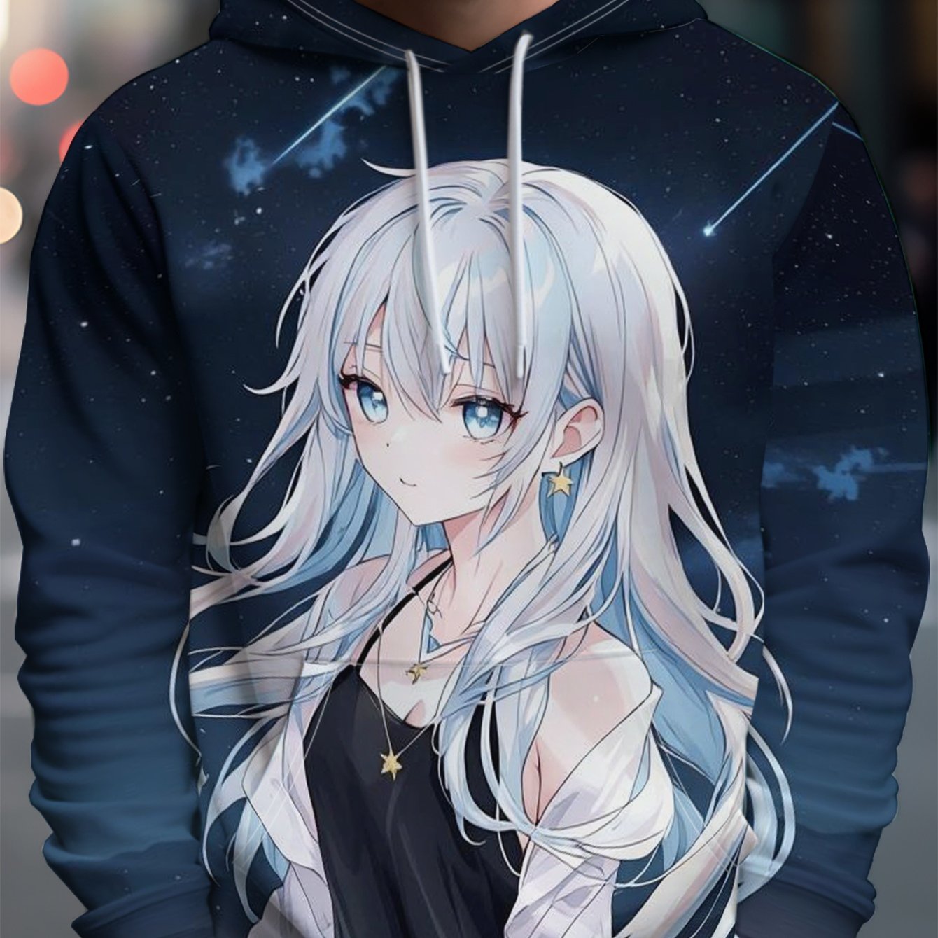 TEMU Men's Hooded Sweatshirt, Starry Silver-haired Girl Anime Print, Polyester Fabric, Casual Trendy Statement Top, Loose Comfortable All-match