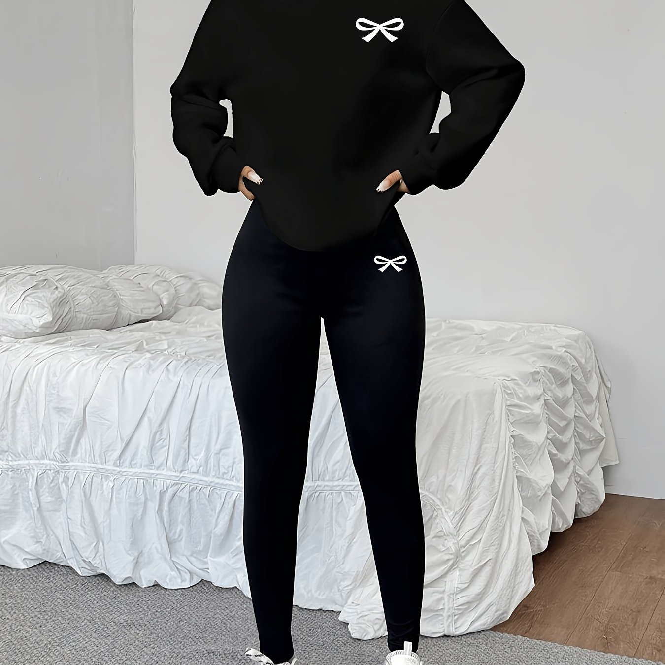 TEMU 2pcs Set Women's Long Sleeve Crew Neck Fleece Sweatshirt And Leggings | Casual Drawing Pattern, Suitable For Autumn And Winter, Layering Option