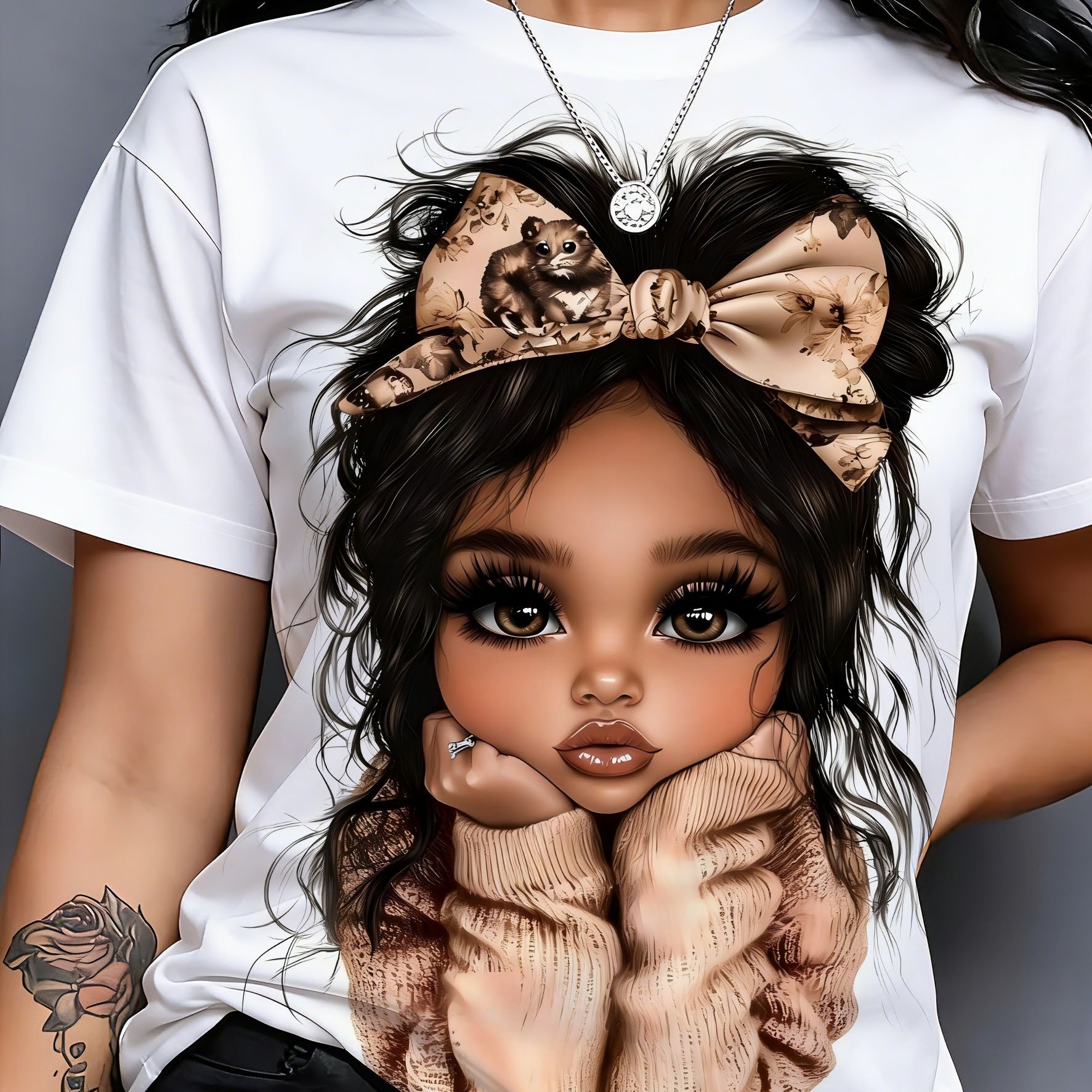 TEMU Bow-tied Curly Hair Cute Print, Gentle Casual Short Sleeve T-shirt, Plus Size Women's Fashion Top, Women's Casual Comfortable T-shirt, Spring