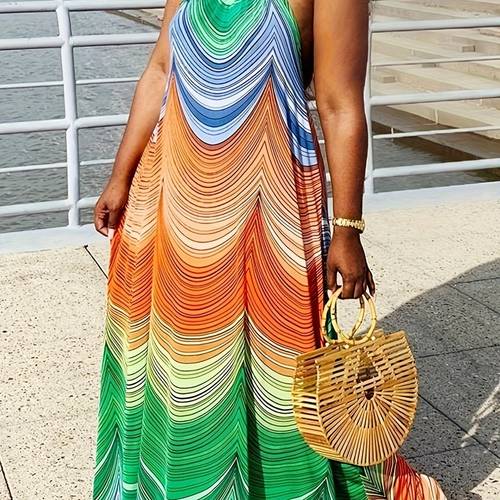 elegant halter neck backless maxi dress for women geometric pattern polyester 100 slingback style woven fabric versatile for wear vibrant pattern dress polyester fabric