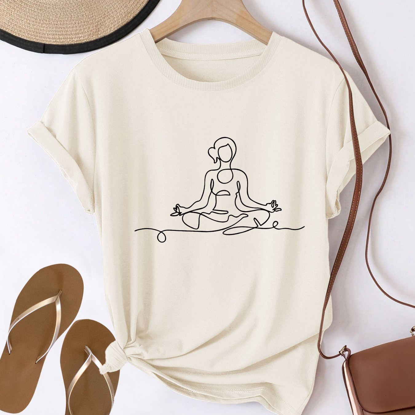Image of Short-sleeved Round-neck T-shirt With A Meditation Print