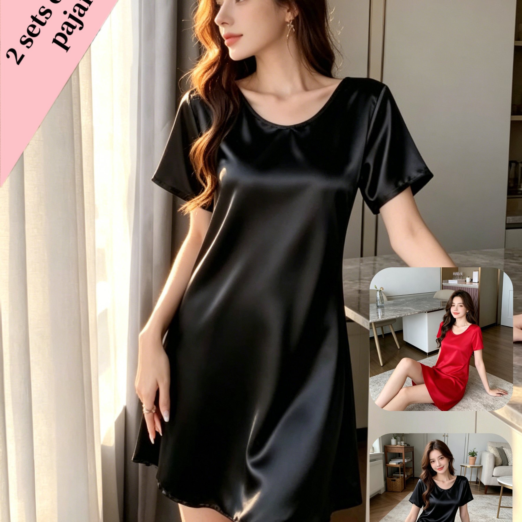 Image of 2 Sets Of Women's Ice Short-sleeved Light And Sexy Nightgowns, Dresses, , Casual Pajamas, Comfortable And Breathable, Worn Outside