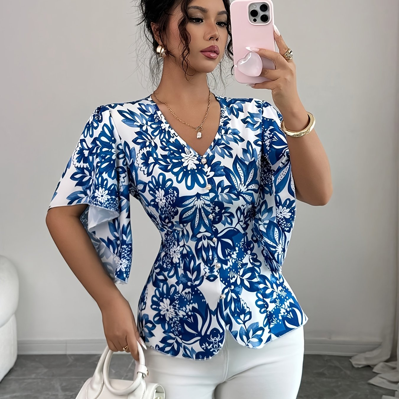 TEMU Elegant Floral Print V-neck Flared Sleeve Waist-cinching Short Retro Style Versatile Women's Shirt
