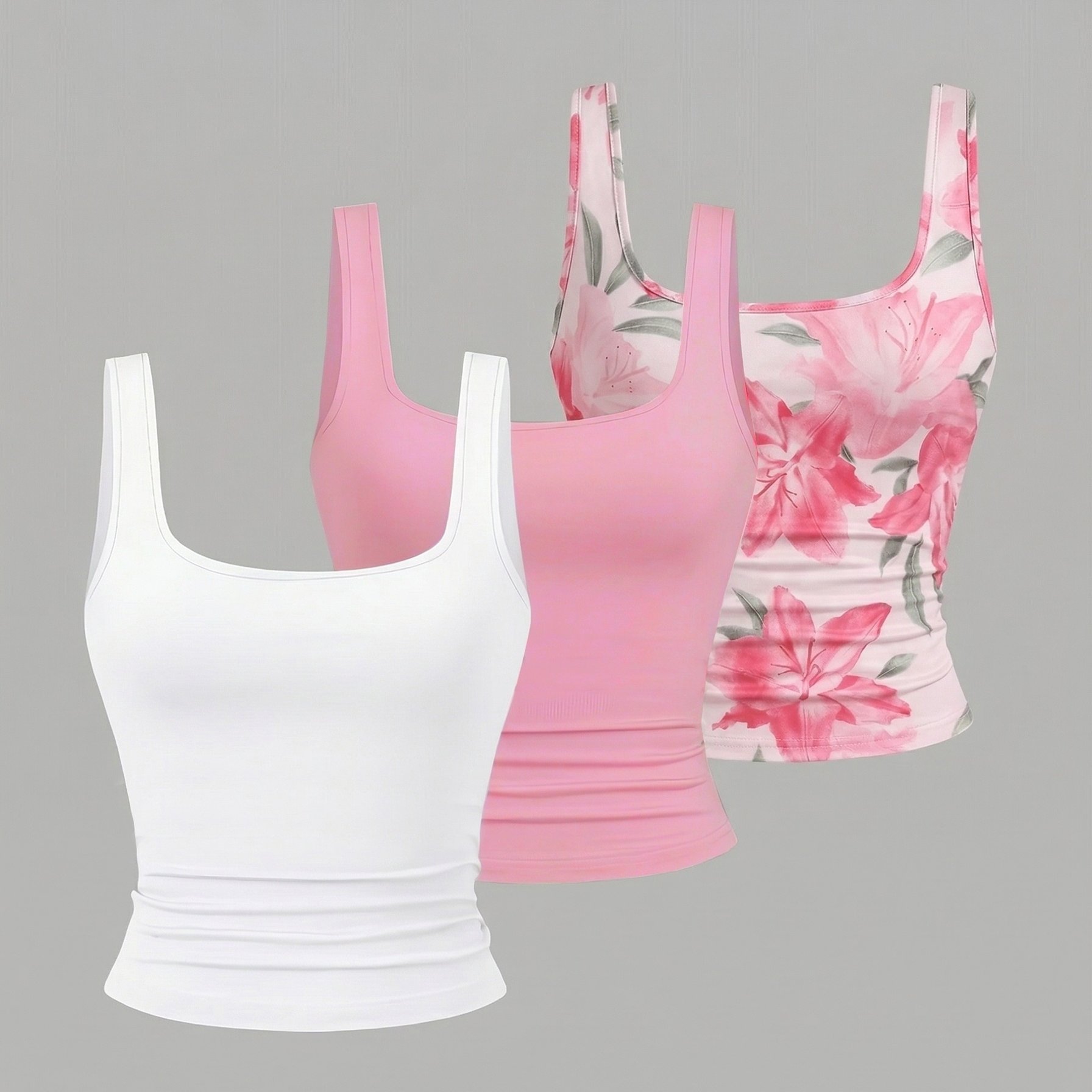 TEMU Plus Size - 3pcs Women's Plus Size Tank Tops, Summer Neck Solid Color Printed Strap Vest, Versatile Daily Wear Inner And Outer Top Combo