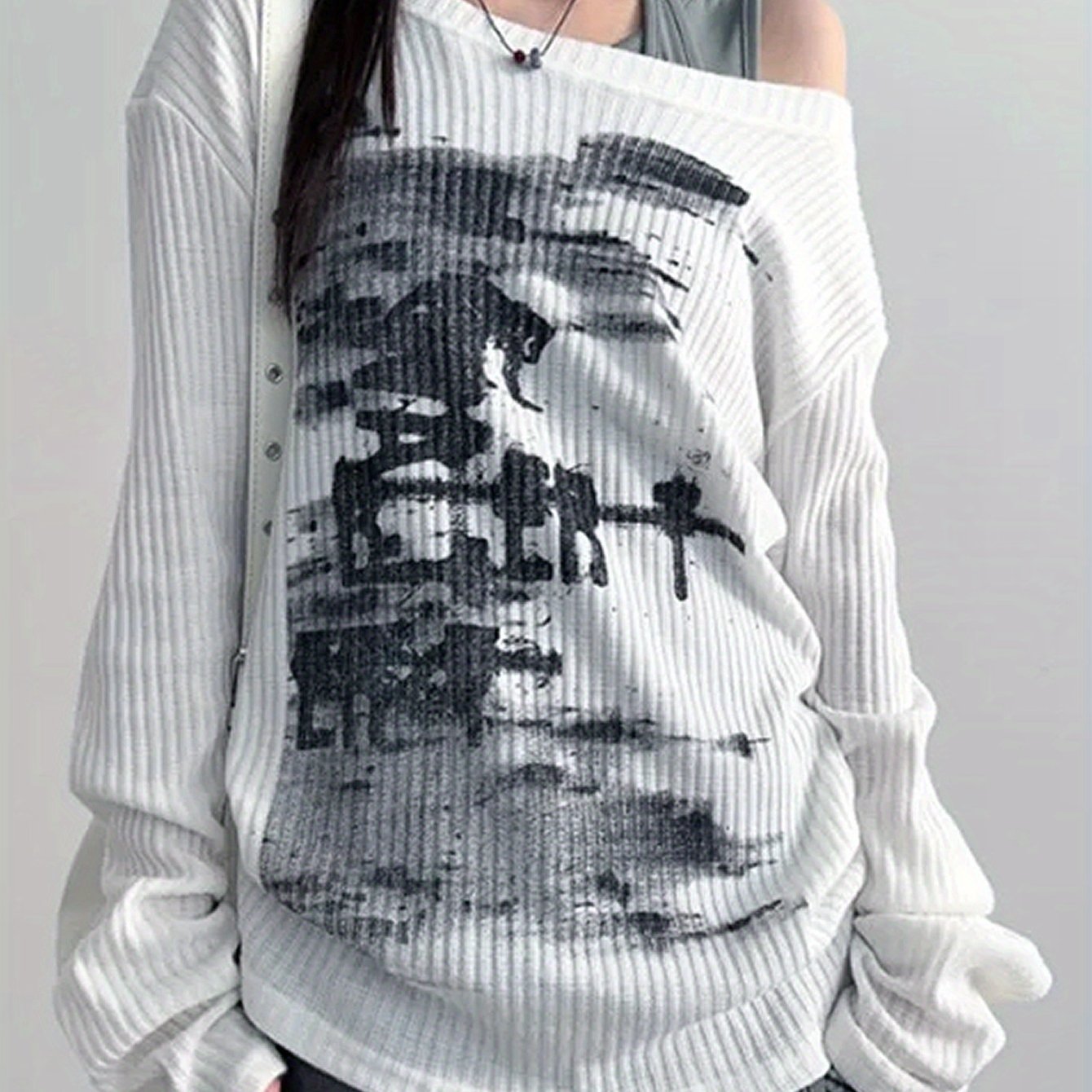 Image of Y2k Fashion Korean Style Autumn/winter Casual Long Sleeve Printed Loose Round Neck Top For Women