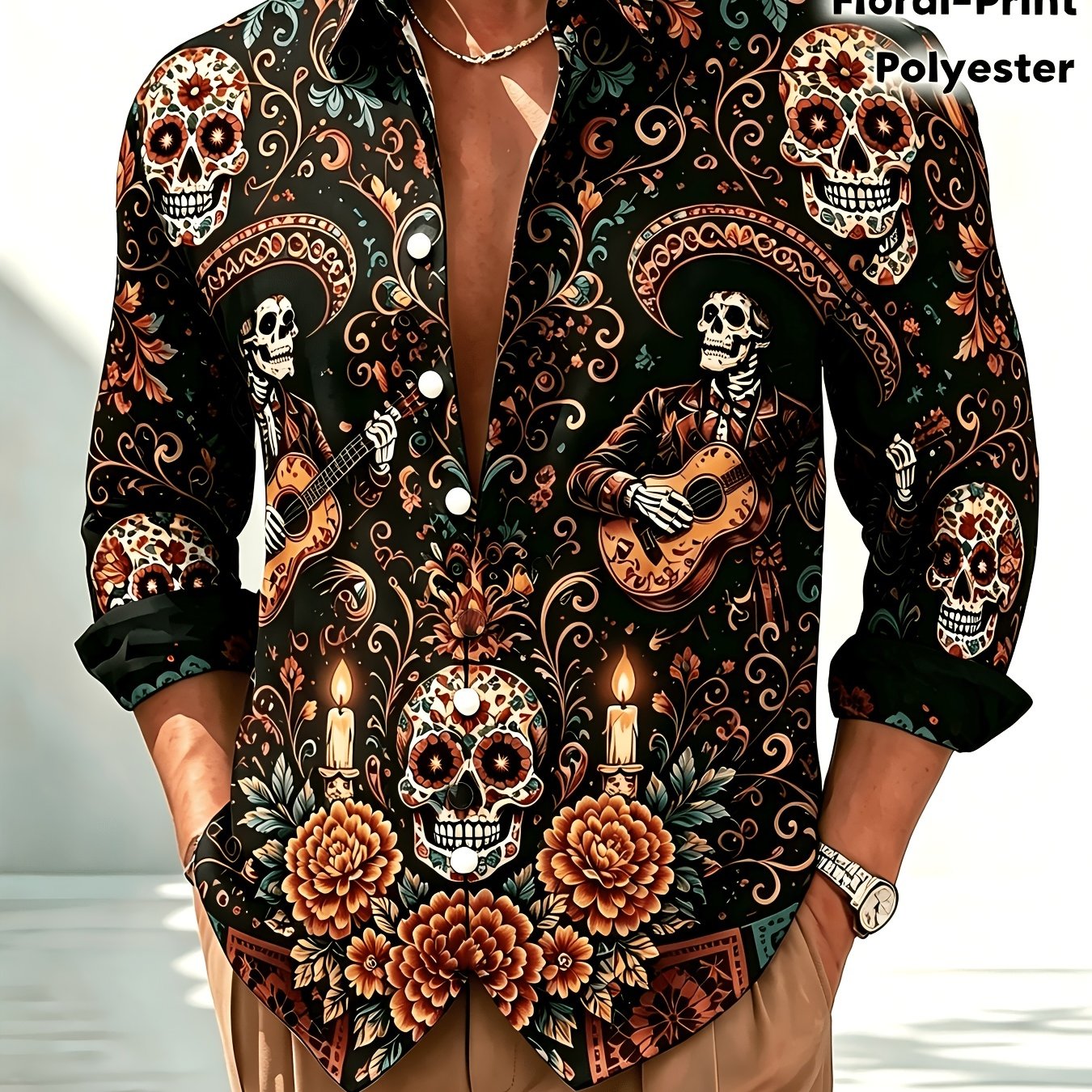TEMU Men's Casual Long Sleeve Shirt, With Skull, Guitar & Floral Pattern, Style, Premium Material, Plus Size