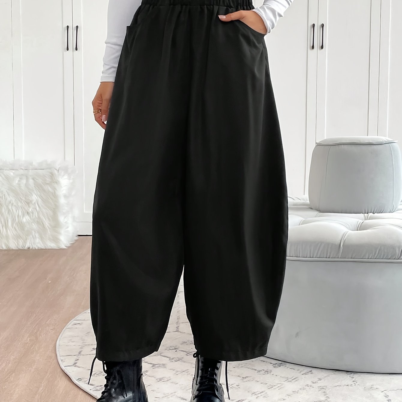 E-shop Damen Hose mit elastischem Bund, lockerem Casual-Schnitt in Unifarben