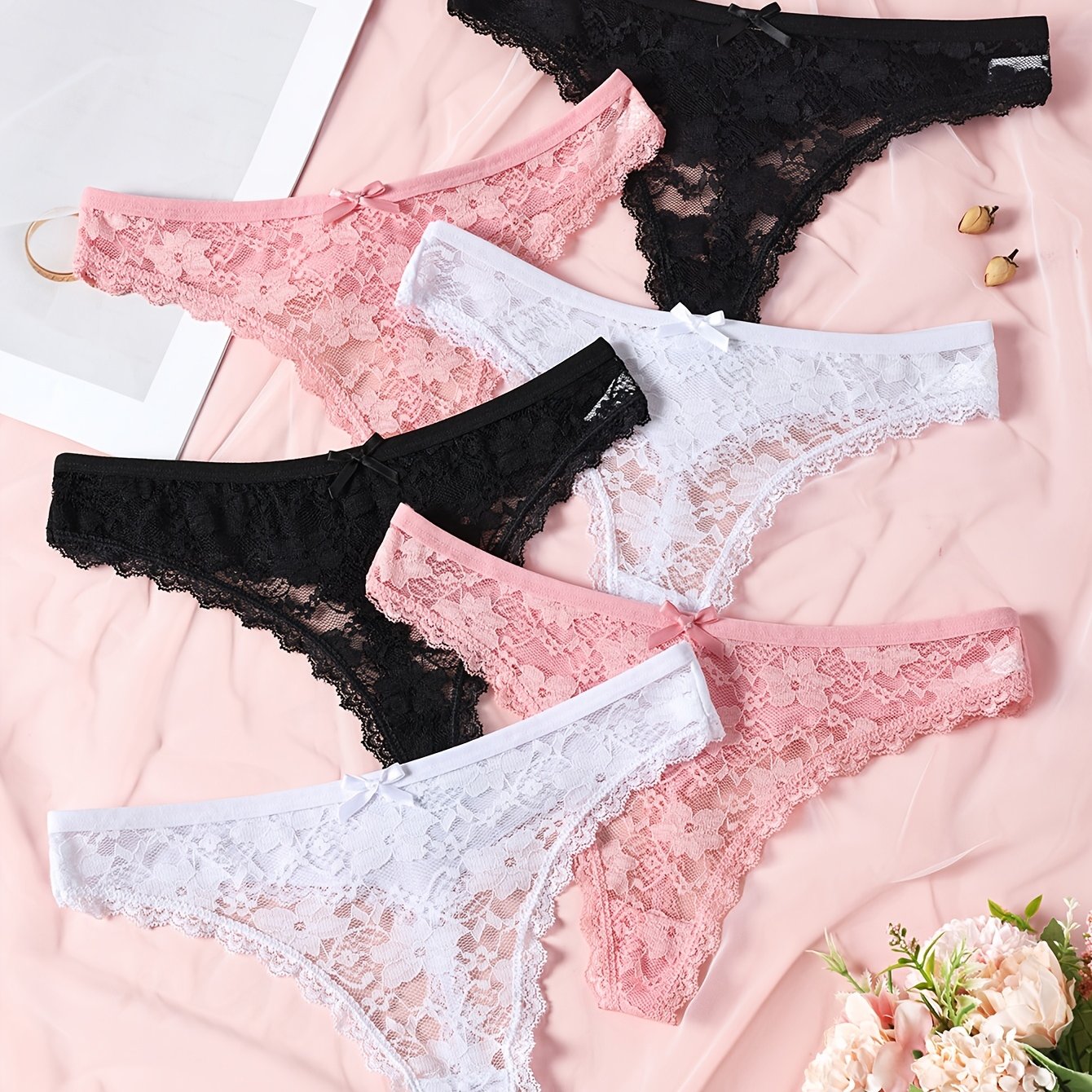 TEMU 6-pack Bow Lace Sexy Women's Panties, Soft Breathable Minimalist Thong Underwear, Comfortable Triangle Panties, Valentine's Day Gift, Versatile