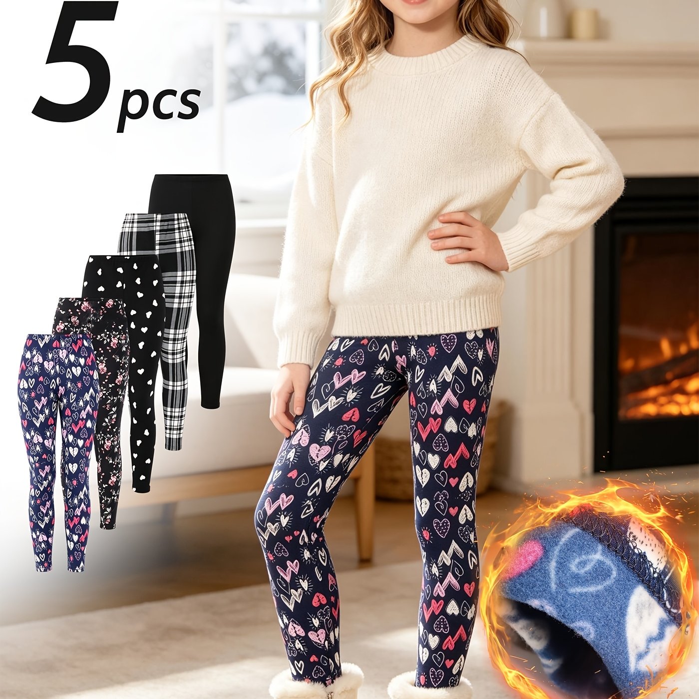 Image of 5pcs Set Girls' Fleece Winter Base Layer Leggings Warm Ankle Pants, For Outdoor, Teenage Girl Clothes