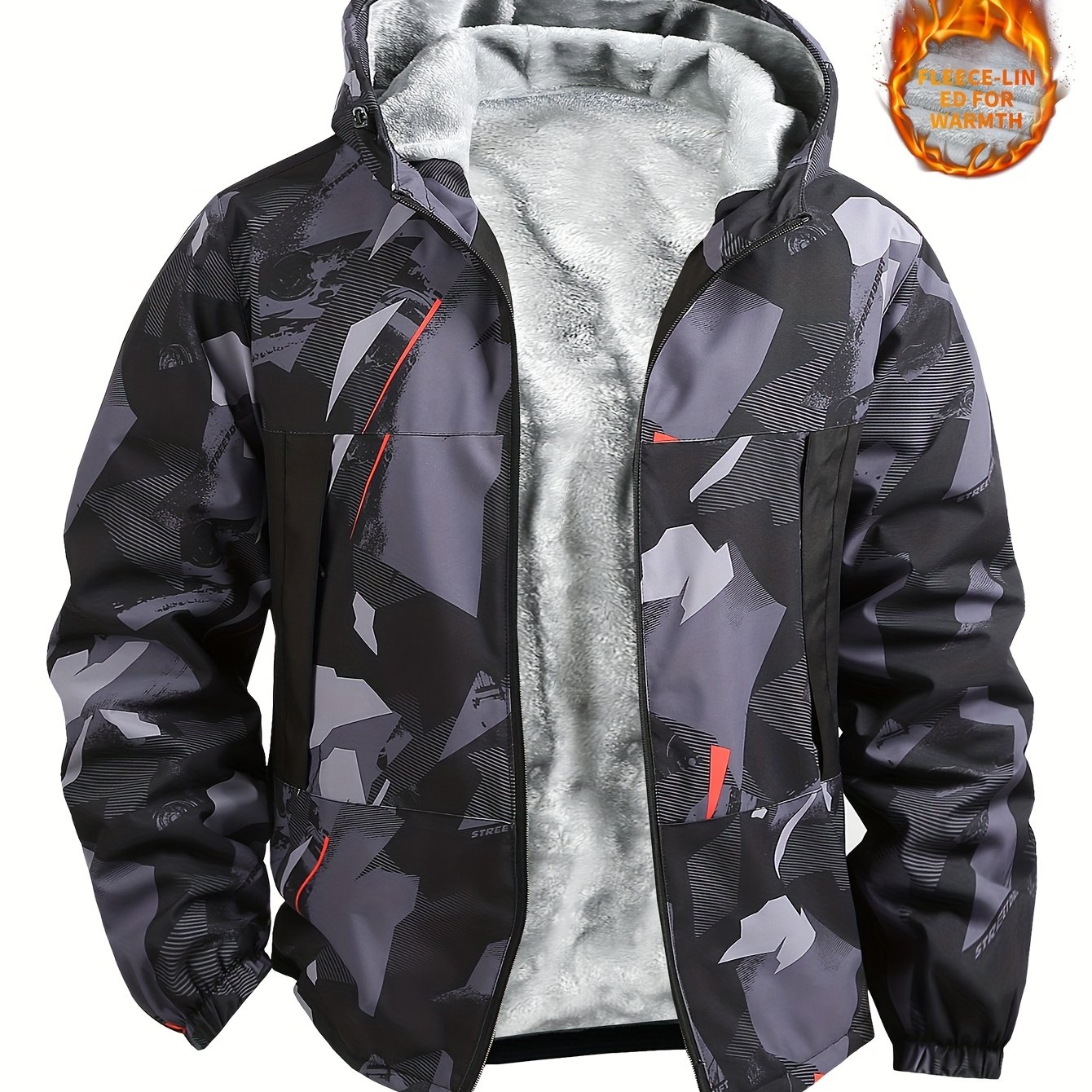 Men's Winter Jacket: Thickened -Lined Warm Windbreaker with Irregular Fashion Print Design, Featuring Zipper Pockets and Hood. This Outdoor Men's Winter Warm Jacket Is Suitable for Autumn and Winter Outdoor Activities Such as Running