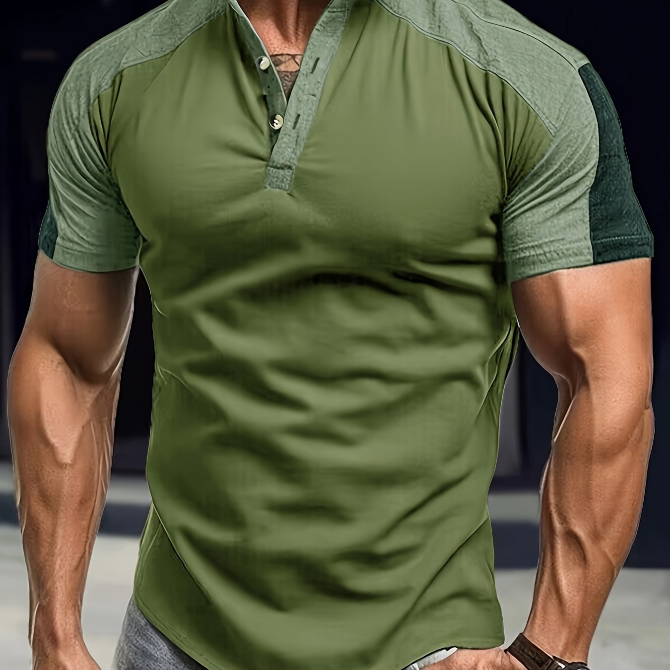Image of Men's Outdoor Sports Henley Shirt Short Sleeve Fitness T-shirt