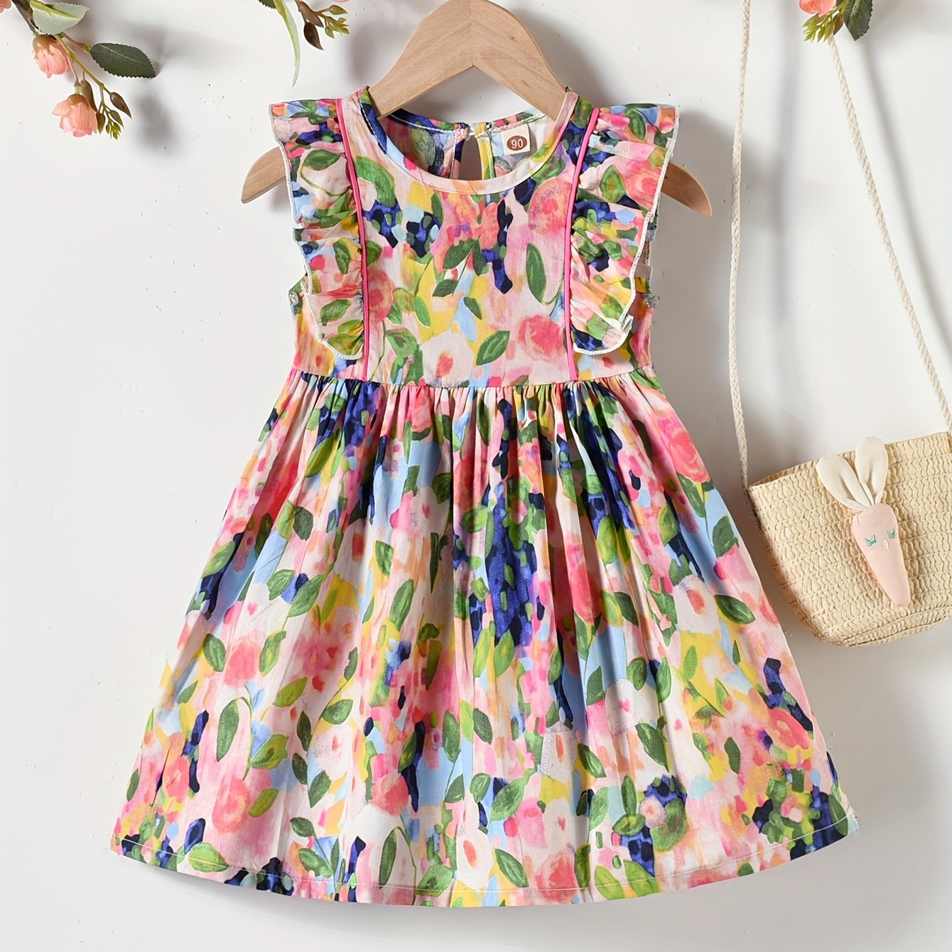 Image of Back-to- Girls' Summer Sleeveless Oil Painting Floral Dress, Sweet Pastoral Style Small Flutter Sleeves A-line Small Child Casual Dress