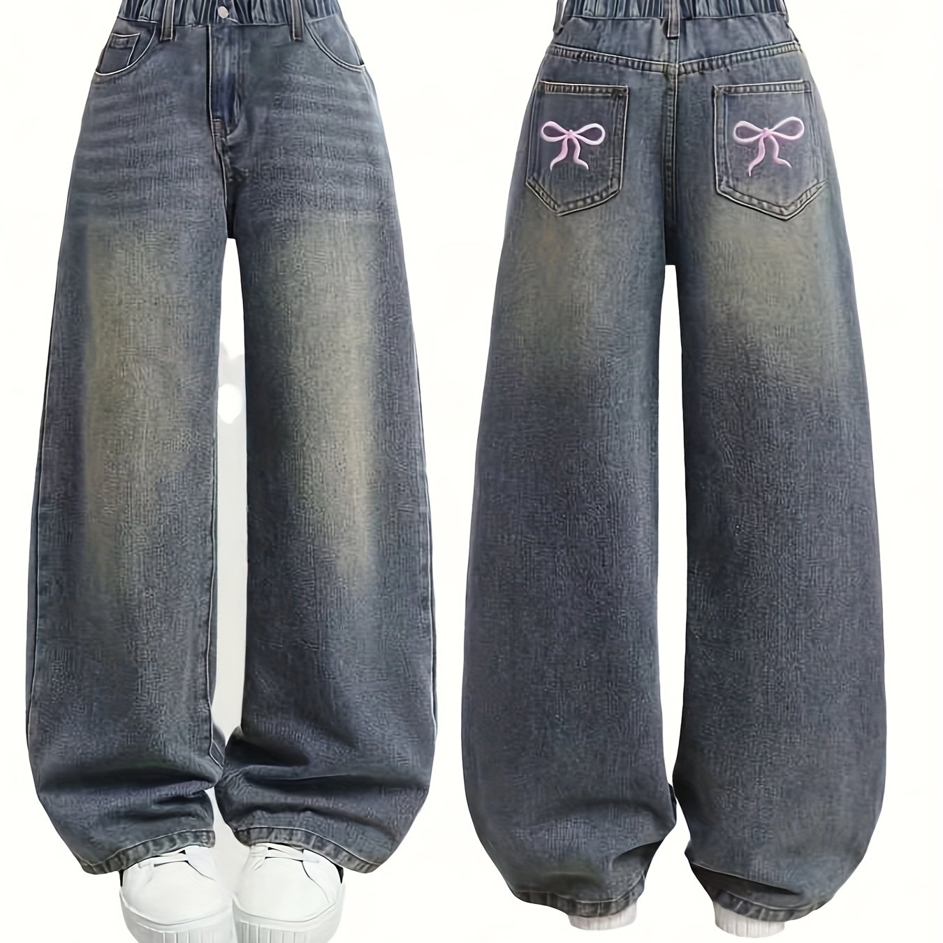 Image of Girls' Vintage Y2k Pants With Pink Bow & Embroidery - Wide-leg Jeans Suitable For Teen Girls, Machine Washable Casual Party Wear, Comfortable Pants