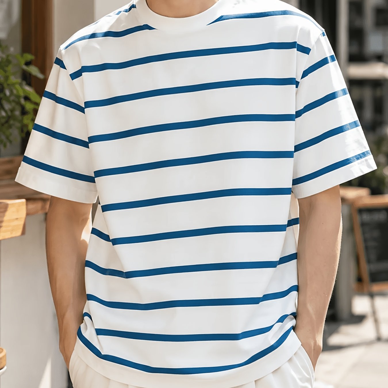 TEMU Men's Japanese-style Striped T-shirt, White And Blue Contrast Color , Casual Short Sleeve For Daily Wear