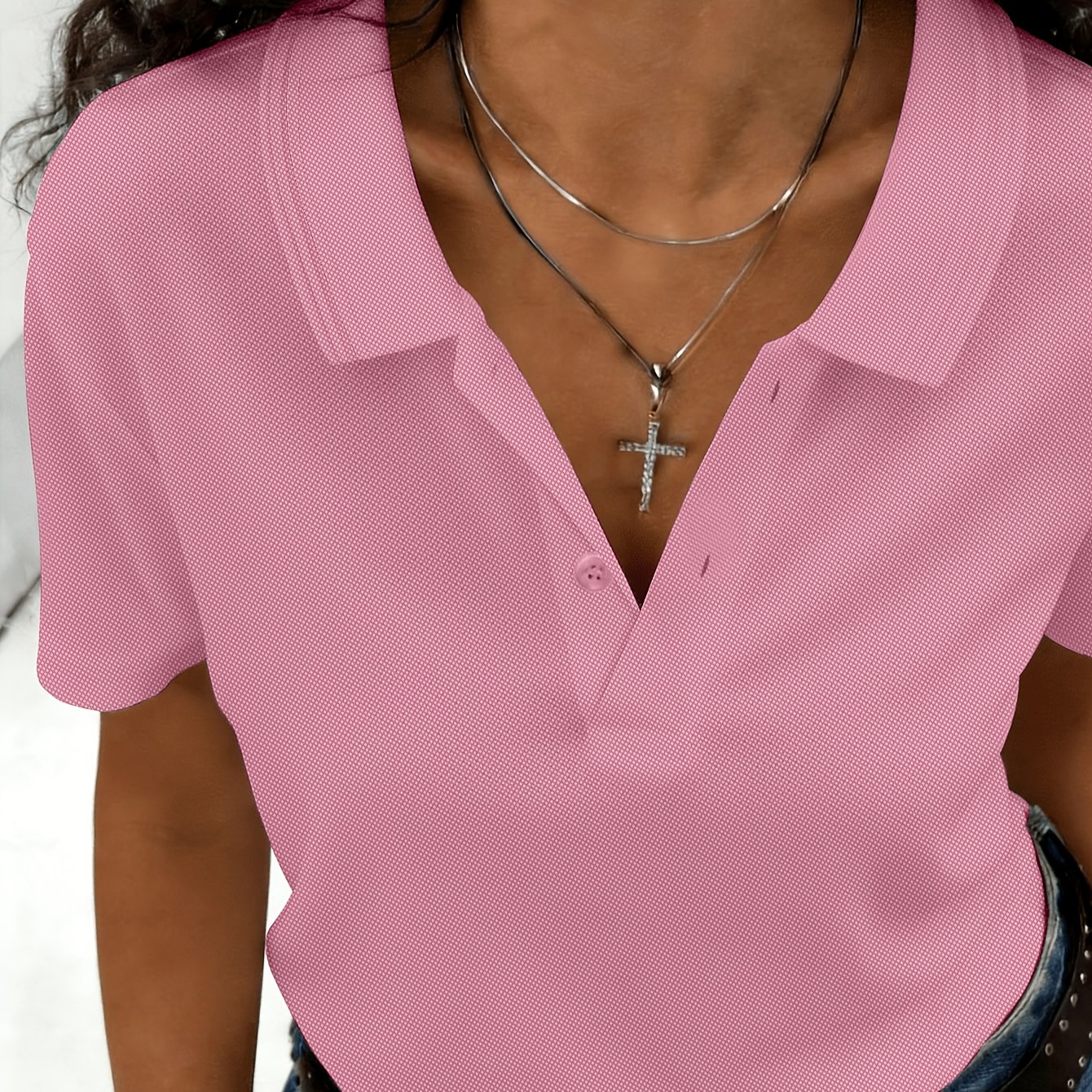 TEMU Korean Style Relaxed Fit Solid Cut Short Sleeve Women's Breathable Mesh Fabric V-neck Double Button Loose Casual Office Commute Leisure -shirt