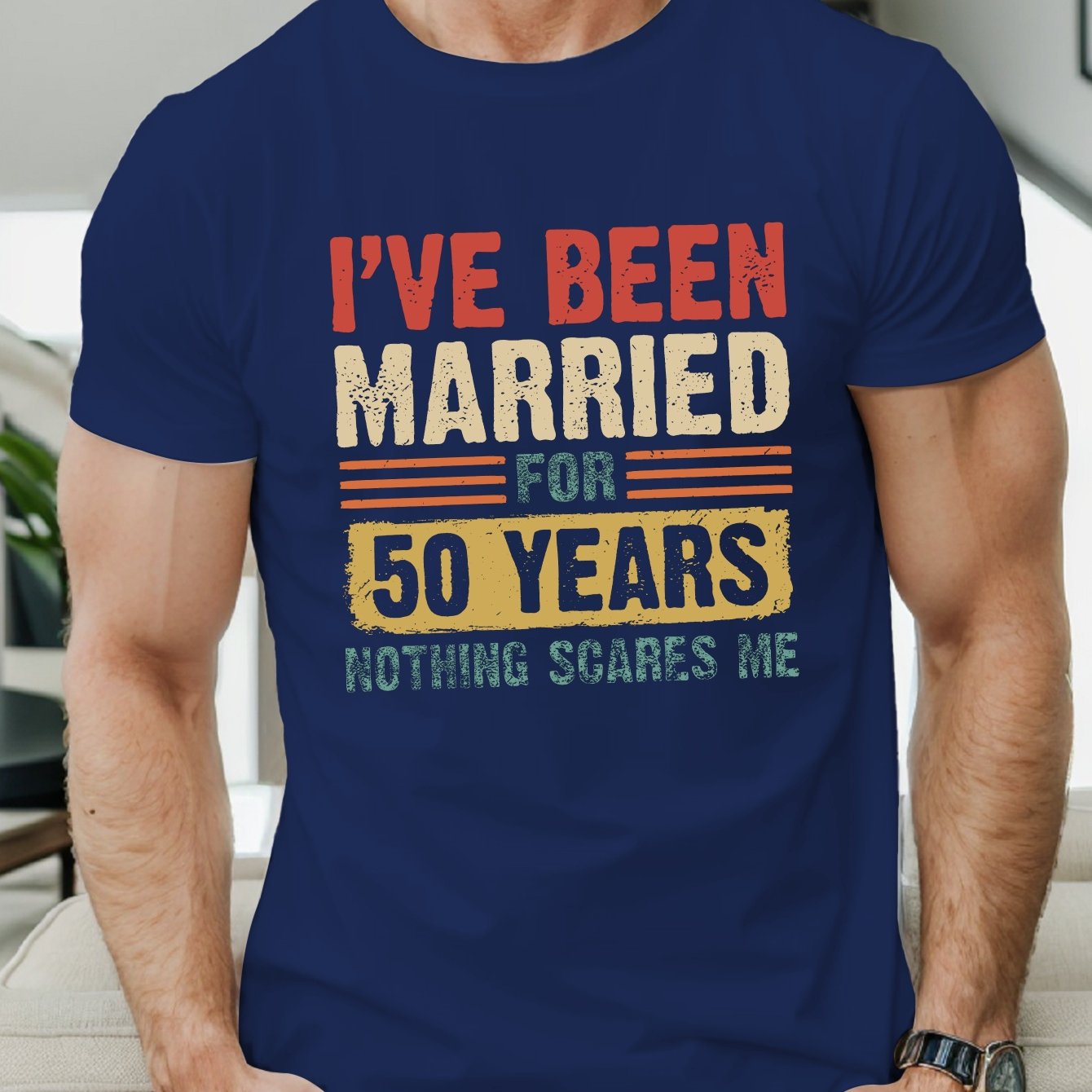 TEMU 50 Years Of Marriage Celebration Men's T-shirt - Casual Short Sleeve, Polyester, Geometric Print, Machine Washable - Perfect For Summer, Top