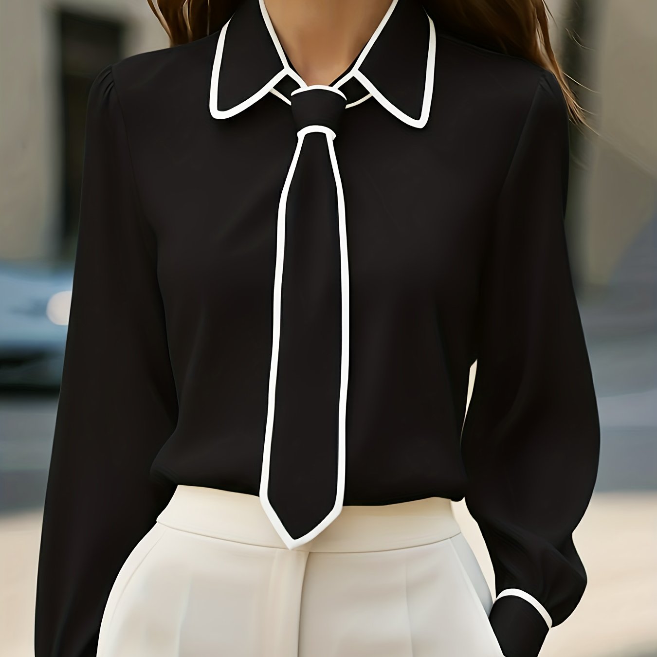 TEMU Chemise professionnelle à manches longues pour femmes, couleur unie décontractée, avec col boutonné, blocs de couleurs et nœud sur le devant