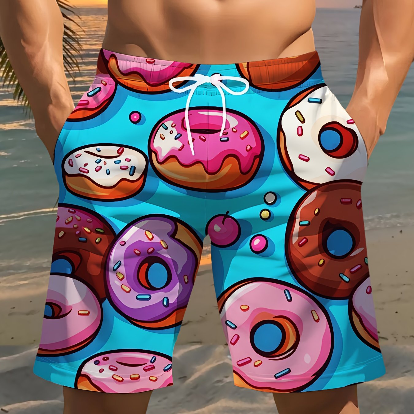 TEMU Men's Donut Print Beach Shorts - Lightweight Polyester Drawstring Waist Casual Swim Trunks, Suitable For Summer, Golf, Fishing, Basketball,