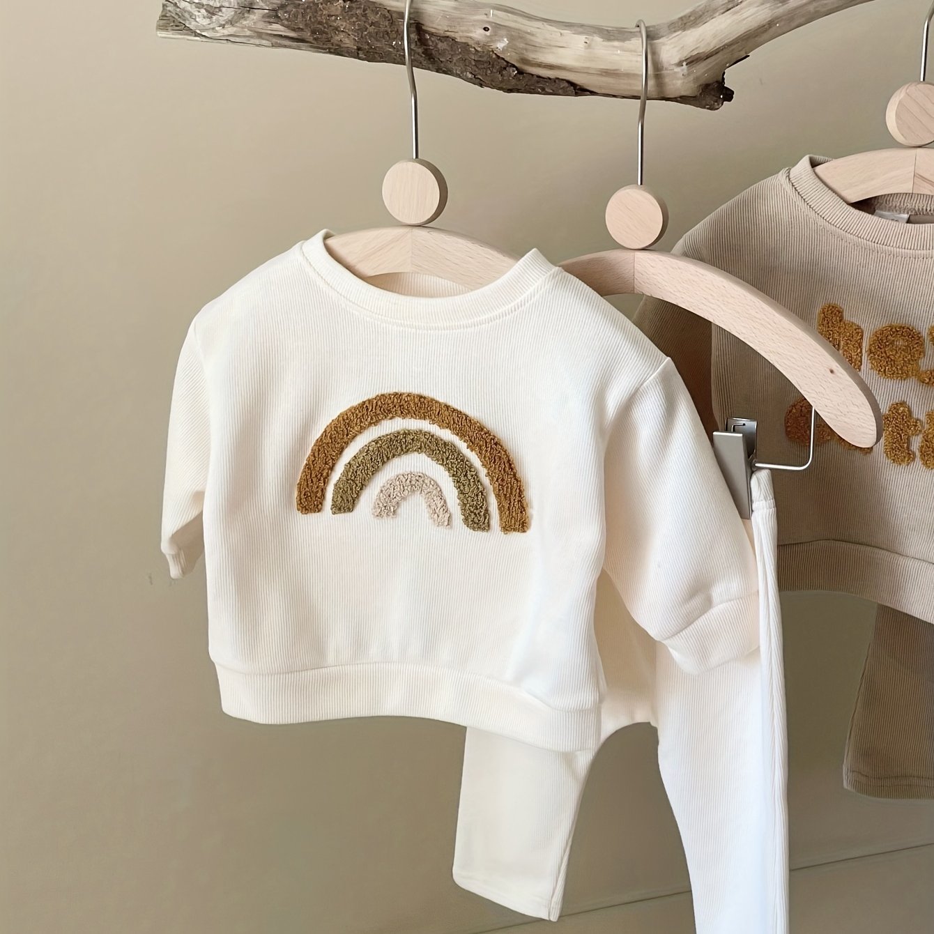Image of Two-piece Set For Baby Boys And Girls, Cute Rainbow Striped Towel Embroidery, Soft And Comfortable, Baby Long-sleeved Long Pants For Spring And Autumn, For Outdoor