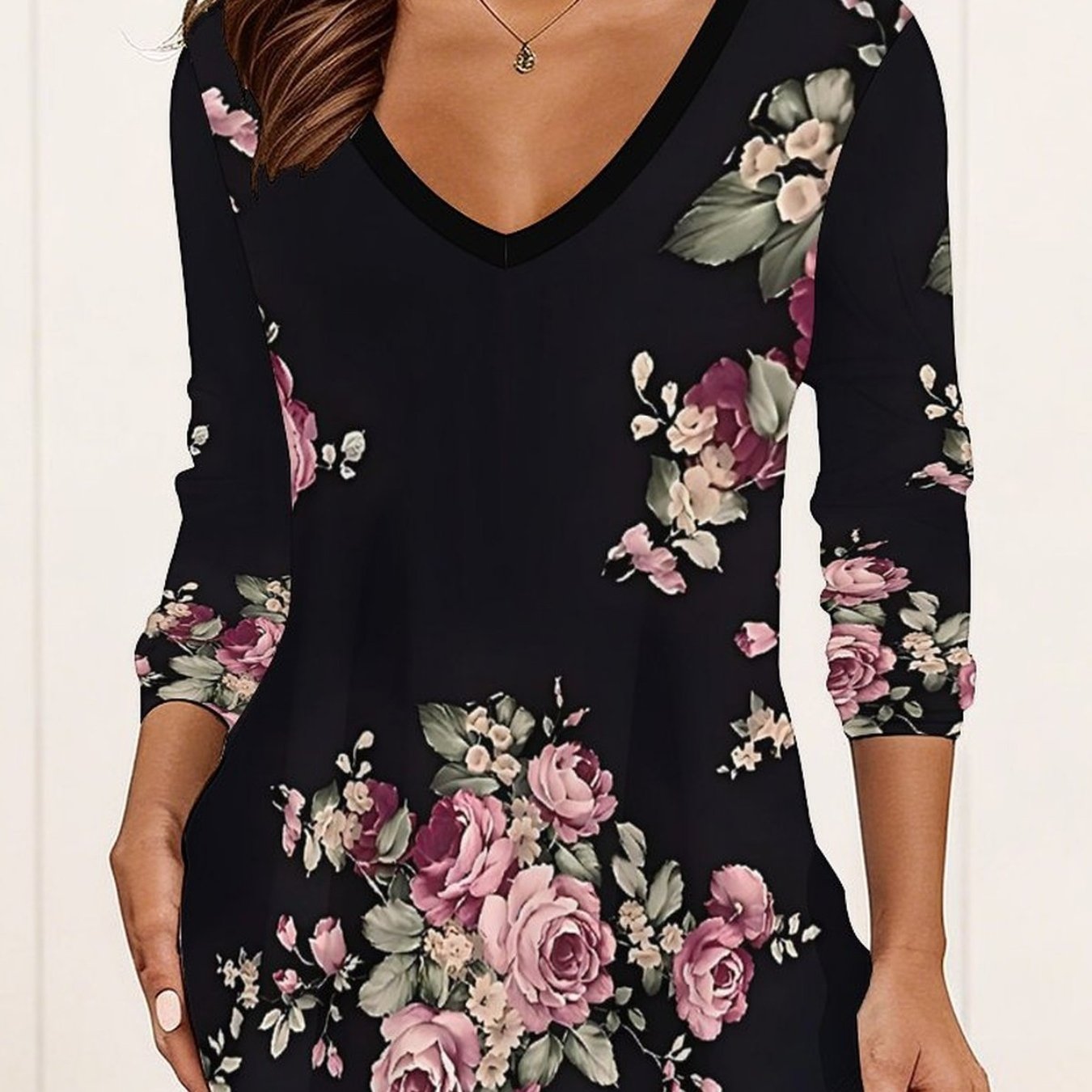 TEMU V-neck Long-sleeve Women' Size Long-sleeve Base Layer Top, Casual T-shirt, Suitable For Daily And Autumn, New Year's Parties, Christmas Outfits,