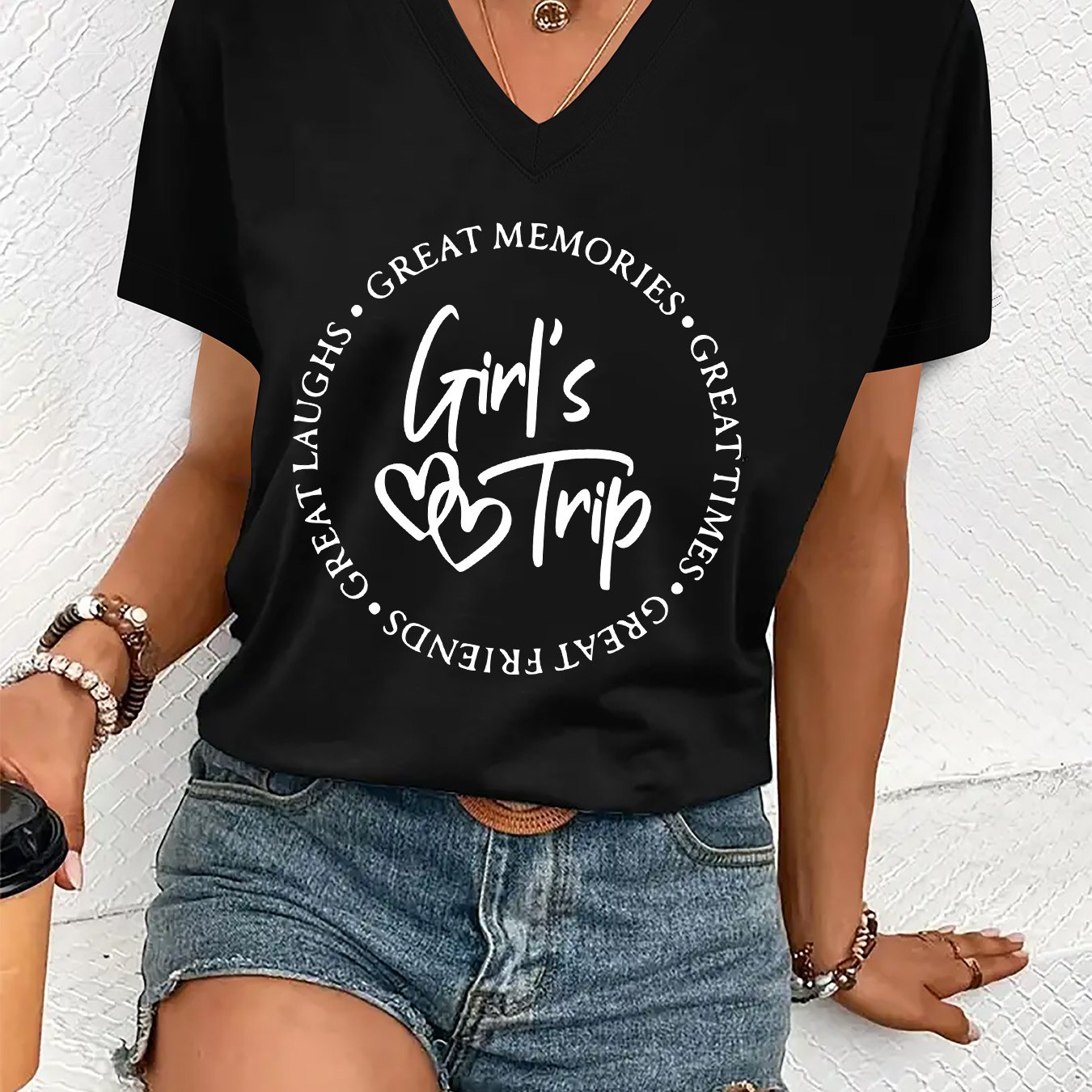 TEMU T-shirt à Imprimé Graphique, Haut Décontracté à Col V et Manches Courtes pour l'Été & , Vêtements pour Femmes