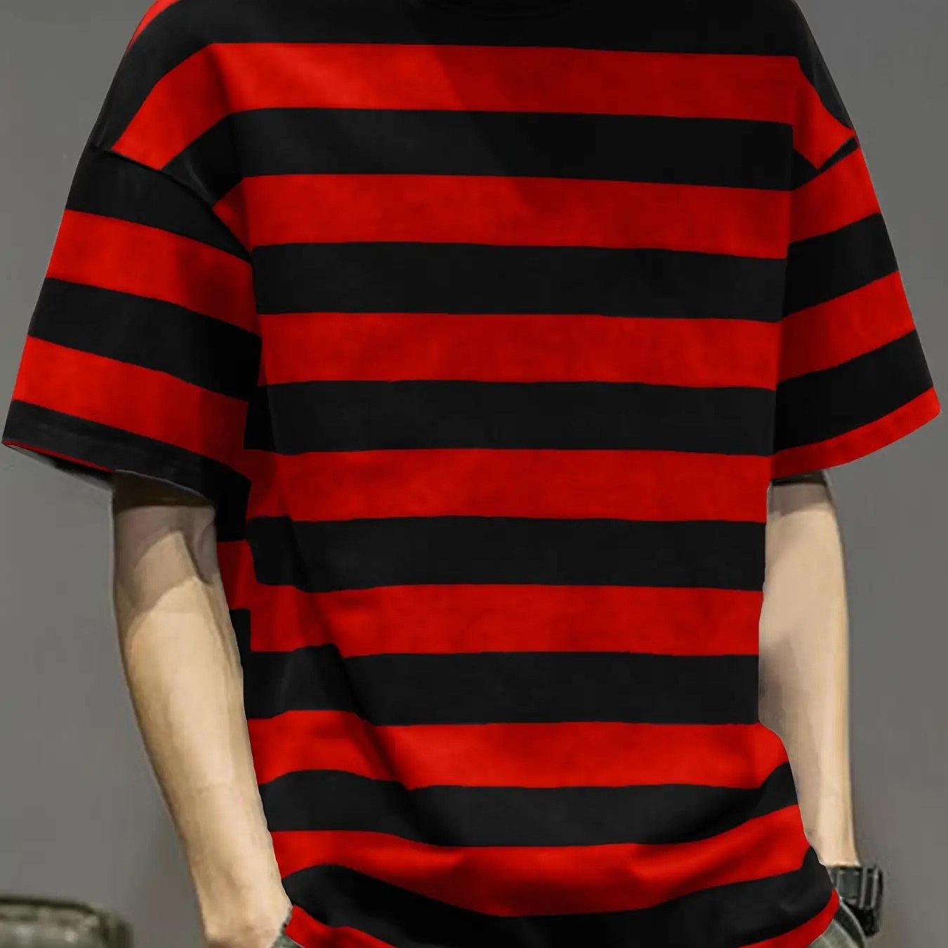 TEMU [print Design â Not Texture] Men's Round Neck Short Sleeve, And Black Wide , Retro And Street Cool, Sharp And Casual Fit, Suitable For Daily