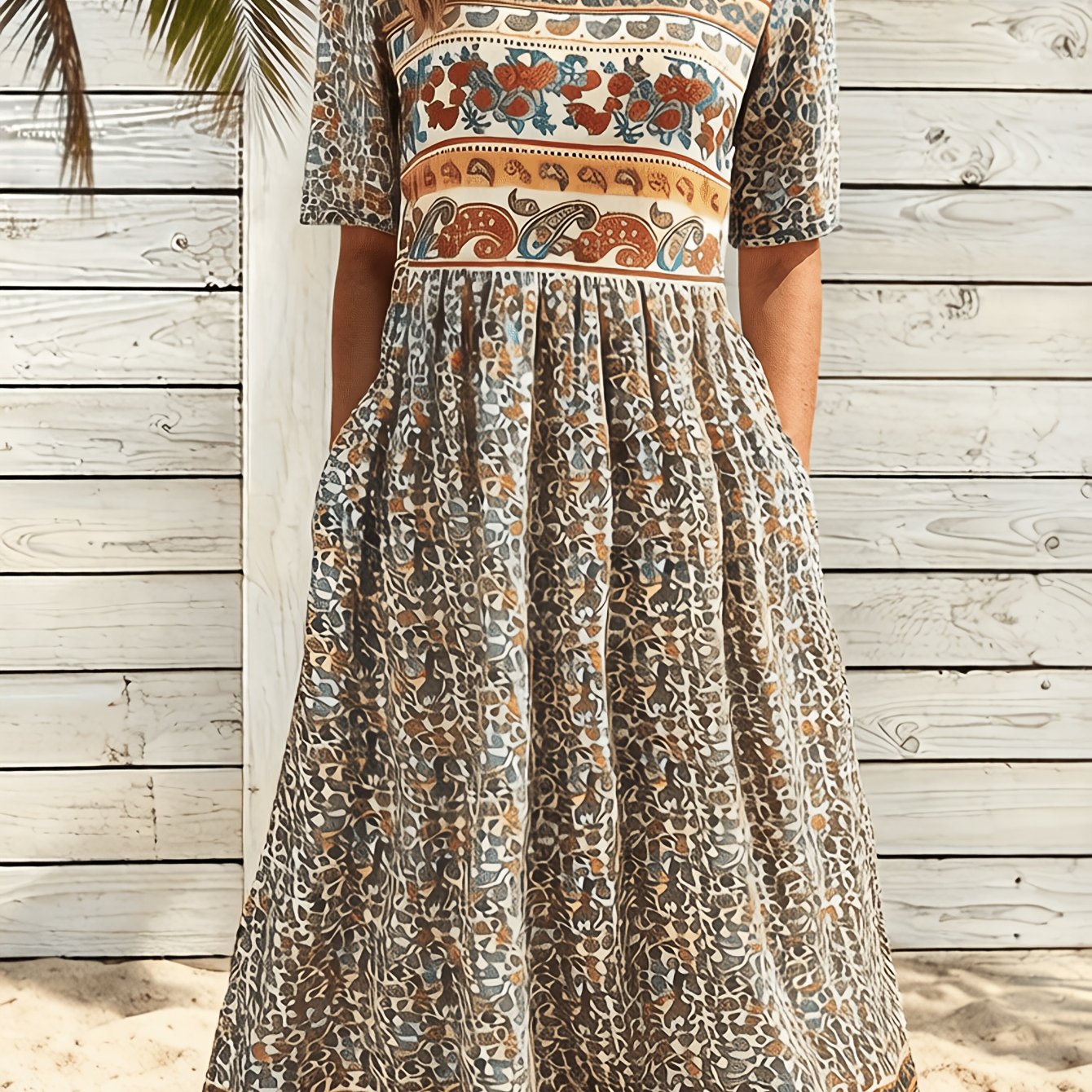 Image of Women's Bohemian Style Loose-fit Floral Print Round Neck Short Sleeve Pocket Dress