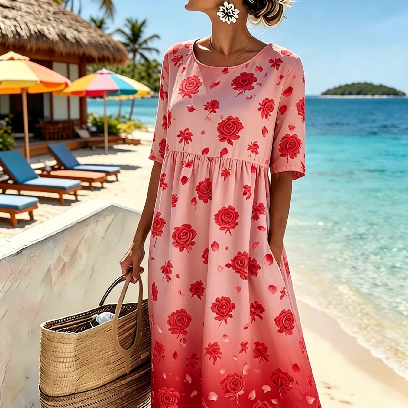 Women's Elegant Midi Dress - Casual 3/4-sleeve, Crew Neck, Loose-. Machine Washable. A Comfortable Beach And Vacation Dress, Perfect For Travel, Getaways, And Everyday