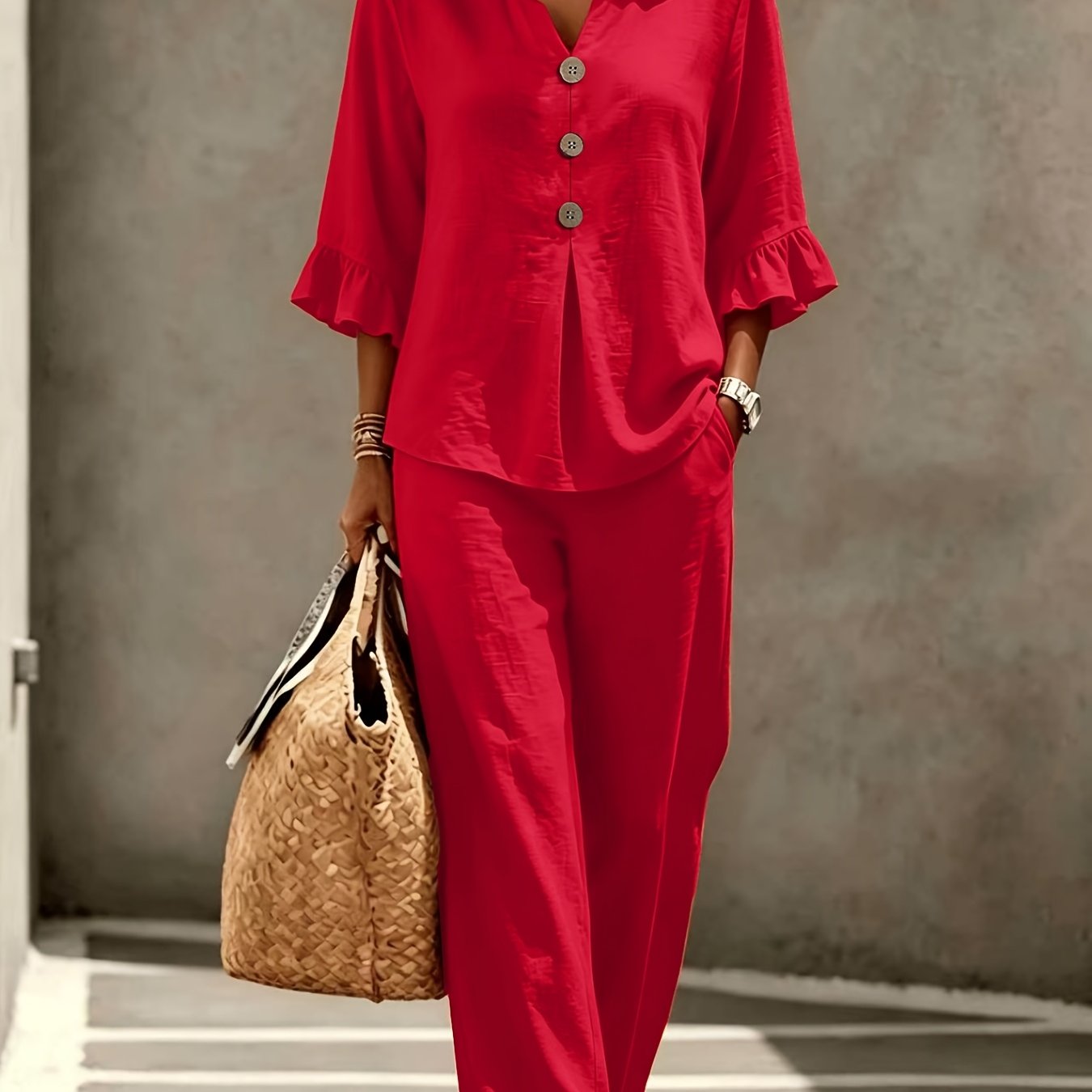 TEMU Women's New Loose-fit Casual Button-up V-neck Ruffle Trim Three-quarter Sleeve Top And Pants 2pcs Set