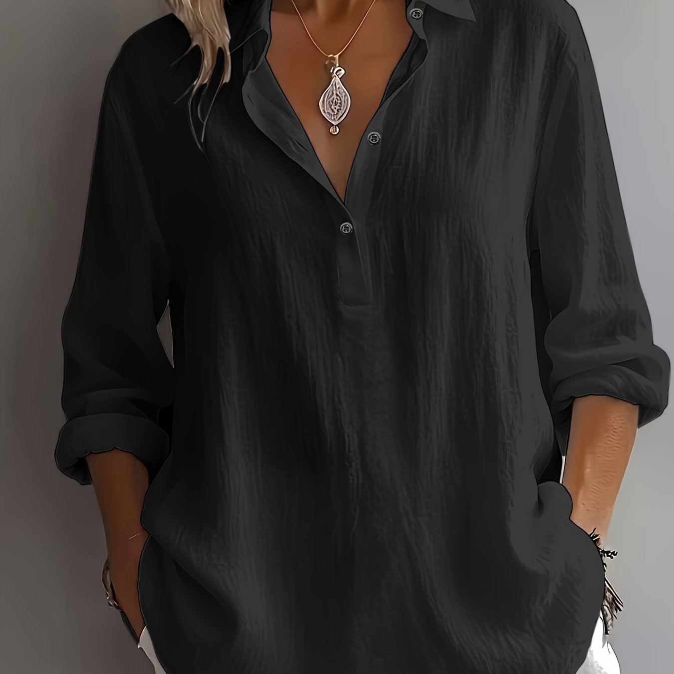 Plus Size - New Stunning Elegant Directional Semi-open Collar Long Sleeve Loose All-match Women's Plus Size Shirt