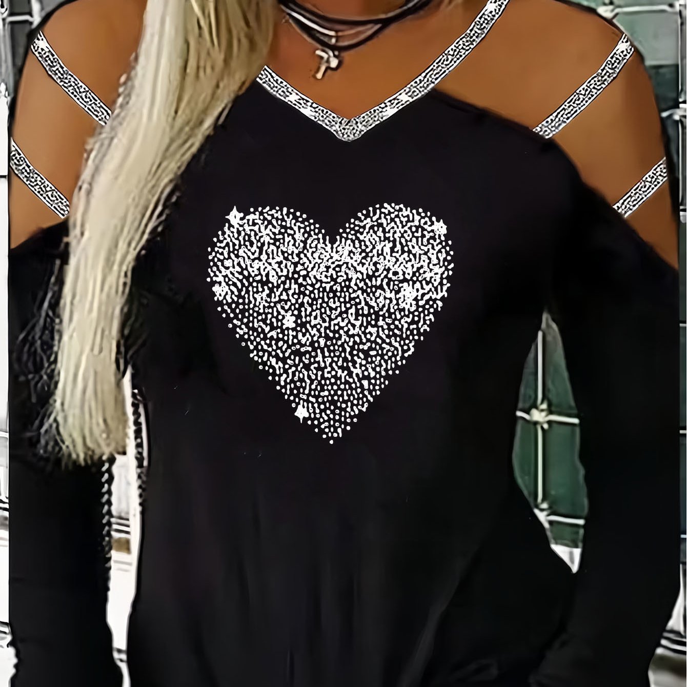 TEMU Fashionable Casual Off-shoulder Long Sleeves, A Sweet Sparkling Long-sleeve T-shirt With Shiny Diamond Patterns, Perfect For Festive Party