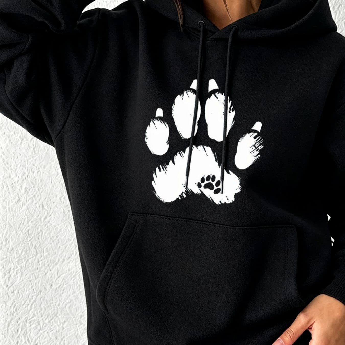 Image of Autumn Winter New Women's Hooded Sweatshirt Loose Fit Streetwear With White Paw Print Warm Casual Comfortable Drop Shoulder