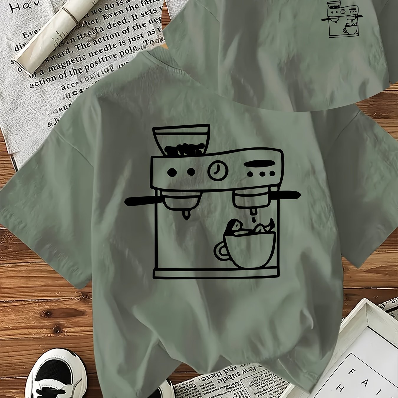 TEMU Casual Women's Loose Fit T-shirt With Coffee Machine And Cup Cartoon | Crew Neck, Short Sleeves, Suitable For Spring And Summer